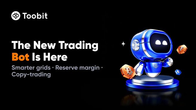 The image is a promotional banner for Toobit, featuring the text "The New Trading Bot Is Here" alongside a blue robot mascot on a pedestal. The ad highlights features like "Smarter grids," "Reserve margin," and "Copy-trading," tying into the post's mention of an upgraded Futures Grid Bot designed to navigate volatile market conditions and large-scale liquidations.