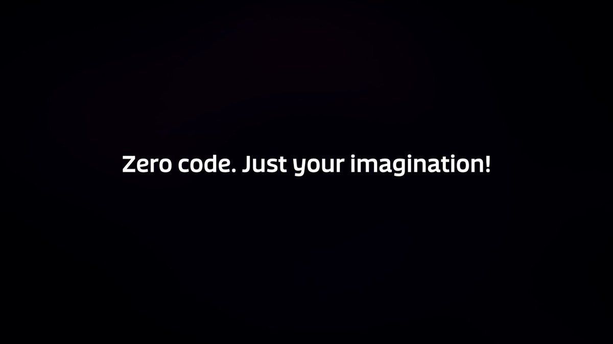The image features a black background with white text that reads "Zero code, just your imagination!". The text is centered above an image of a book titled "Seeing the Tales of Valdir project featured on such a big event".