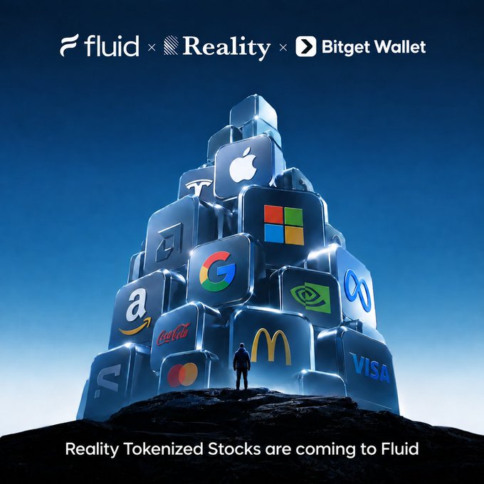 A promotional graphic for Fluid, Reality, and Bitget Wallet features a small figure standing before a towering stack of cubes displaying major brand logos (Apple, Tesla, Google, Microsoft, Amazon, Coca-Cola, McDonald's, Visa, and Mastercard), with the caption "Reality Tokenized Stocks are coming to Fluid" illustrating the partnership that brings 1,700+ tokenized real-world assets onchain.