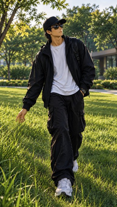 A person dressed in an all-black outfit with a cap and sunglasses walks through a grassy field.