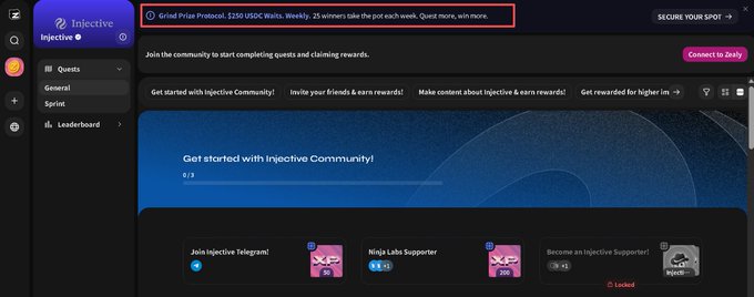 A screenshot of the Injective Community page with a highlighted banner reading "Grind Prize Protocol. $250 USDC Waits. Weekly. 25 winners take the pot each week. Quit more, win more."