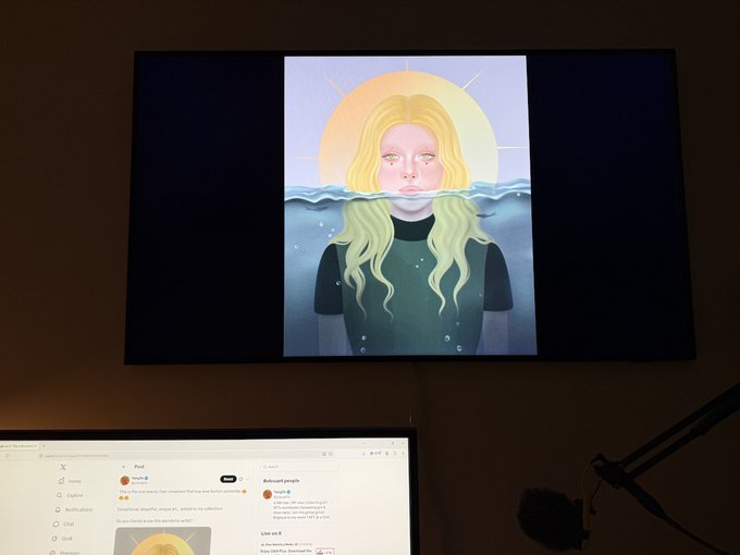 A digital illustration of a blonde-haired woman half-submerged in water with a sun halo behind her head, displayed on a monitor above a computer screen showing the X (formerly Twitter) interface.