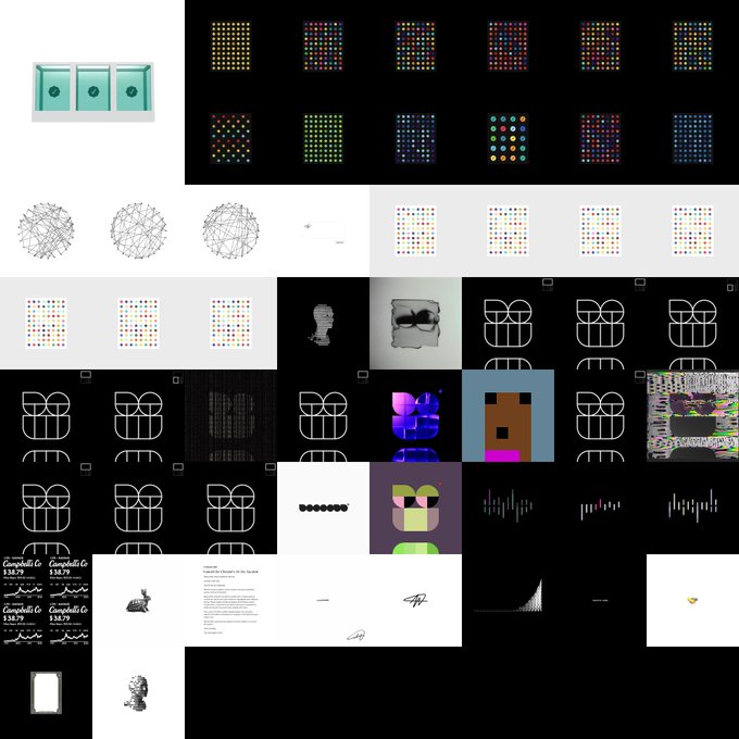 A collage of various digital art assets including colorful dot patterns, geometric shapes, wireframe spheres, pixel art characters, and graphic design elements on black and white backgrounds.
