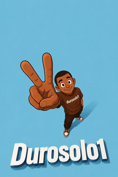 A cartoon character on a blue background wearing a 'durosolo1' brown shirt, giving a peace sign with an oversized hand, with 'Durosolo1' displayed prominently in white text below.