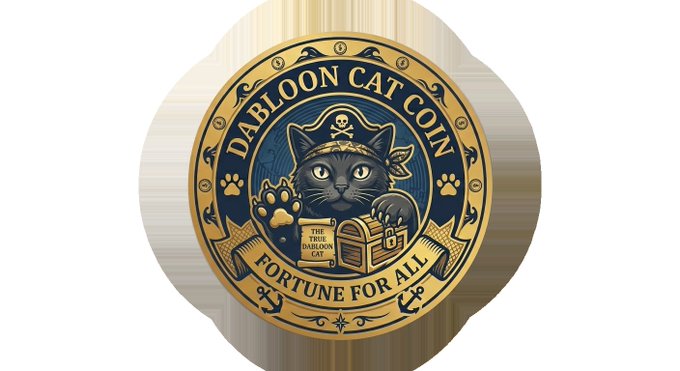 A gold and navy blue medallion coin labeled 'DABLOON CAT COIN' with 'FORTUNE FOR ALL' inscription, featuring a cat illustration with a skull and treasure chest.