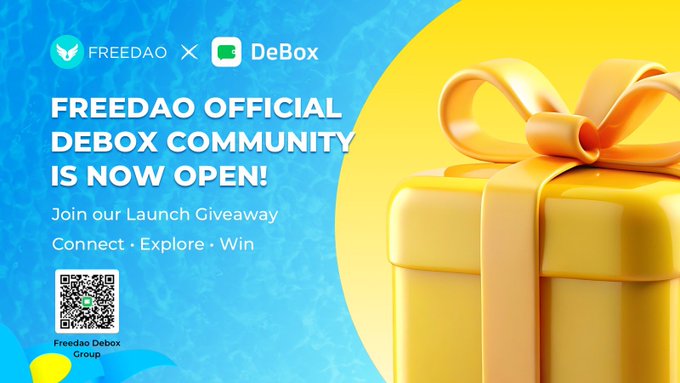 A promotional banner announcing the launch of the FREEDAO Official DeBox Community, featuring the logos of FREEDAO and DeBox alongside the tagline "Join our Launch Giveaway" with the call-to-action "Connect • Explore • Win," a QR code for the "Freedao Debox Group," and a large yellow gift box with a golden ribbon — visually representing the 100 USDT giveaway prize mentioned in the accompanying post.