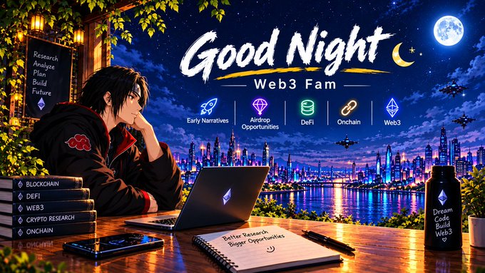 An anime-style illustration features a young man with dark hair working on a laptop on a balcony at night, surrounded by crypto and web3 references, with 'Good Night Web3 Fam' displayed prominently at the top.