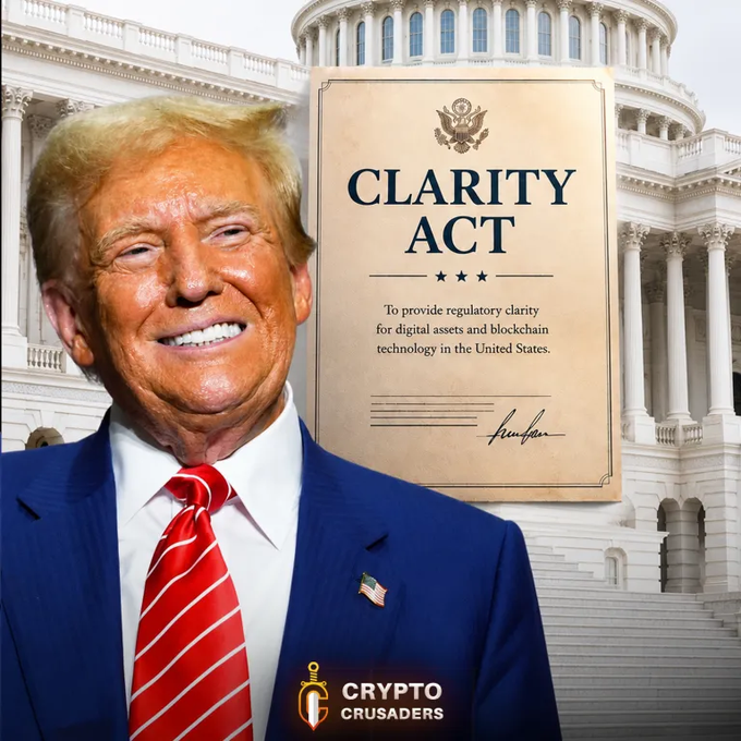 The image depicts Donald Trump next to a document titled "CLARITY ACT" which promises regulatory clarity for digital assets and blockchain technology. This visual ties into the post's claim that Trump will soon sign this act, benefiting crypto and XRP.