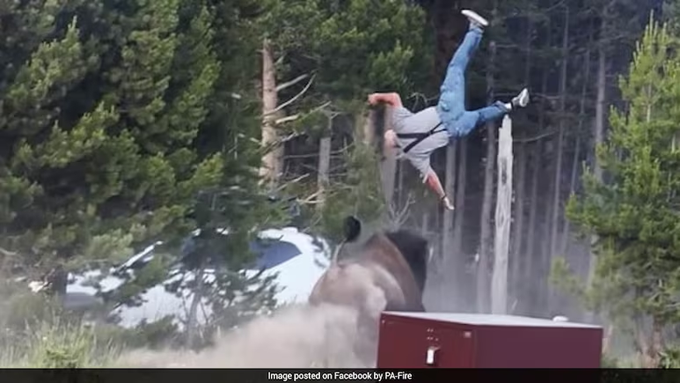 A person is shown upside-down in mid-air after being launched from a horse, with a caption reading "Image posted on Facebook by PA-Fire," seemingly illustrating the post's joke that warning signs were ignored before this wild ride.