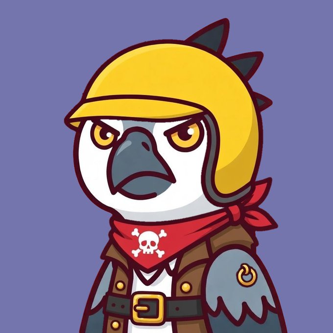 A cartoon bird character wearing a yellow motorcycle helmet and a red skull-and-crossbones bandana is depicted, representing the "GrumpHawk" NFT collection mentioned in the mint announcement for SentX_io.