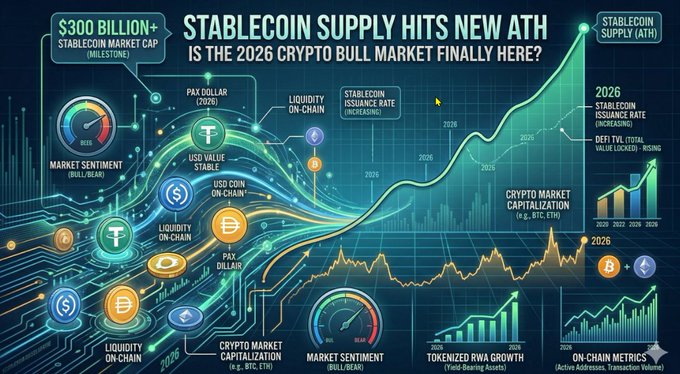 A large blue illustration shows a new all-time high for the stablecoin market reaching $315 billion at the time of this post. The Bitcoin price is also going sideways, with most altcoins either staying the same or going downhill. However, one altcoin (USDC) managed to reach an 80% capital share position in the market and was up by a small amount (less than 0.02%). In the image, there are various icons representing different aspects of the crypto world including cryptocurrency mining, token trading, and Bitcoin mining, which indicate that this is a comprehensive visual representation of the current state of the stablecoin market.