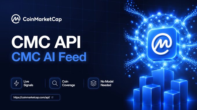 A CoinMarketCap promotional graphic for their CMC AI Feed API, displaying key features like "Live Signals," "Coin Coverage," and "No Model Needed," with the link https://coinmarketcap.com/api/ shown alongside a stylized blue blockchain/network visualization featuring the CoinMarketCap logo.