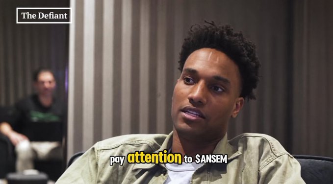 A screenshot from The Defiant showing a man speaking with the caption 'pay attention to SANSEM'.