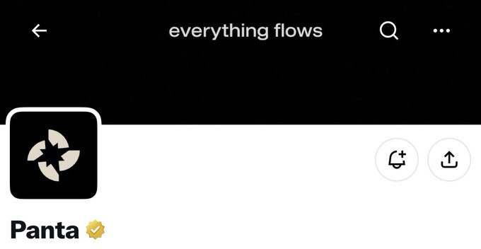 A screenshot showing the search term 'everything flows' with a token profile below for 'Panta' featuring a black square icon with a white pinwheel design and a verified checkmark.