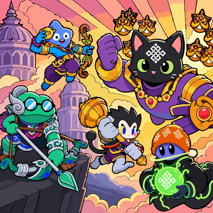 A vibrant cartoon illustration featuring various anthropomorphic animal characters in armor, including a prominent black cat warrior with a symbol on its forehead.