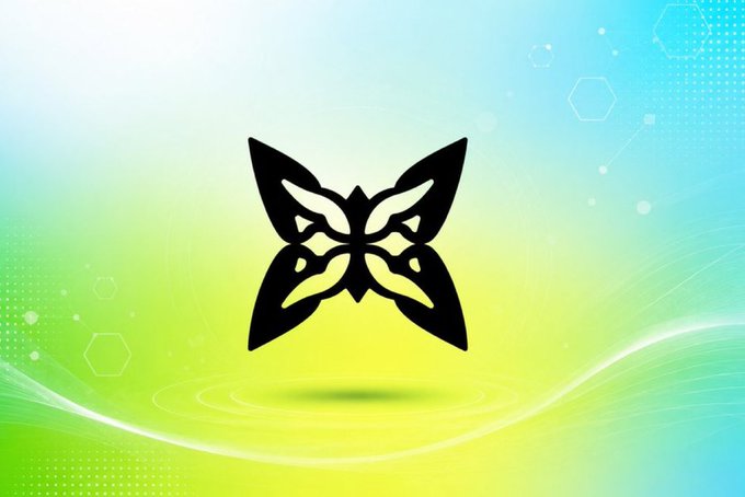 A stylized black butterfly logo is centered on a gradient background of green, blue, and yellow with hexagonal accents, appearing to represent a project's branding. No text or tickers are visible in the image itself, though the post references @quipnetwork and its "proof of useful work" concept, suggesting this butterfly emblem may be associated with that network's identity.