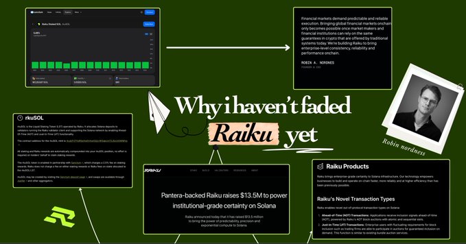 A green presentation slide titled 'Why ihaven't faded Raiku yet' featuring various screenshots about Raiku products and articles, including references to 'Robin Nordnes' and 'Pantera-backed Raiku raises $13.5M'.