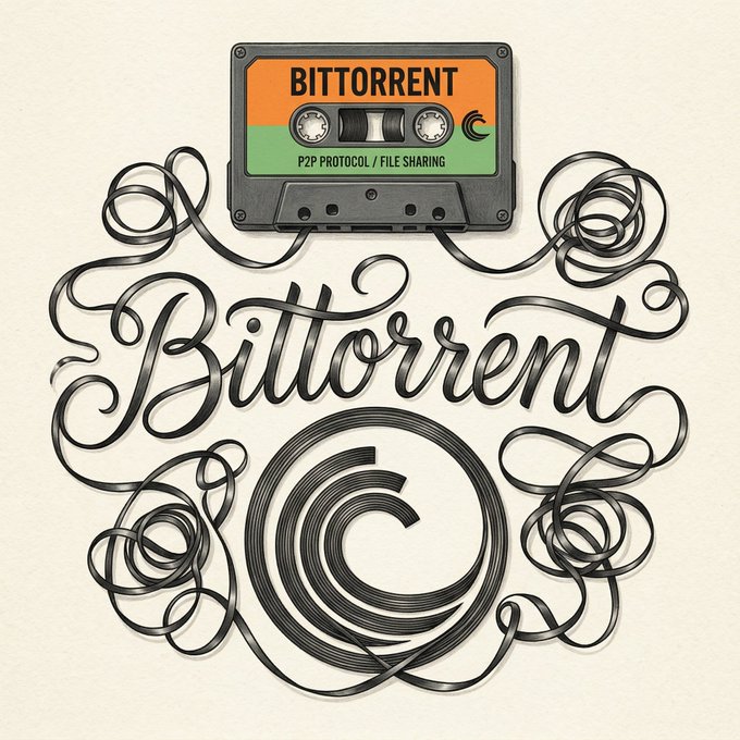 An illustrated cassette tape labeled 'BITTORRENT P2P PROTOCOL / FILE SHARING' sits above decorative calligraphy spelling 'Bittorrent'.