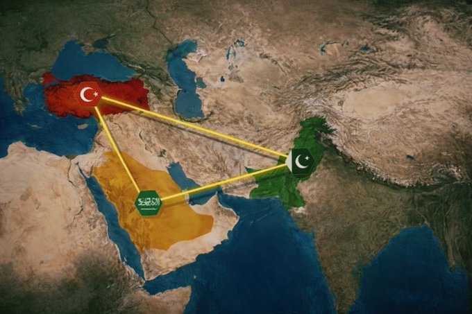 A satellite map highlighting Turkey (red), Saudi Arabia (orange), and Pakistan (green) with their respective flags connected by yellow lines forming a triangle.
