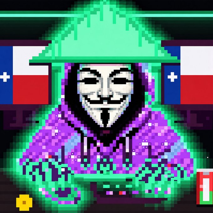 Pixel art illustration of a Guy Fawkes mask character wearing a green hat and purple sparkly hoodie, sitting at a computer with Chilean flags displayed in the background.