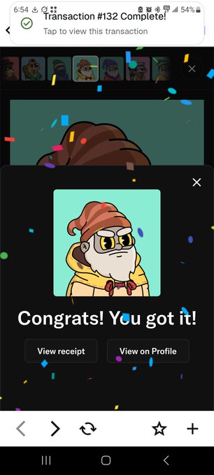 A smartphone screenshot showing a completed transaction #132 with confetti, displaying a pixel-art owl character wearing a Santa hat with the message 'Congrats! You got it!'