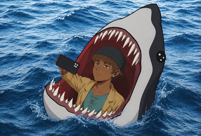 Anime-style illustration of a boy in a beanie taking a selfie while being eaten by a great white shark in the ocean.