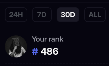 A screenshot showing a ranking interface with the user's rank as #486 and timeframe tabs for 24H, 7D, 30D, and ALL.
