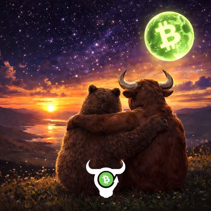 The image features two brown bears sitting together with their arms around each other while looking at a full moon. The caption of the image reads "Keep eyes focus on the destination, it' s a beautiful sight. Sending out hugs". This message is related to Bitcoin as it encourages people to focus on their goals and work towards achieving them by sending out positive energy or "hugs" in the form of support and encouragement from others.
