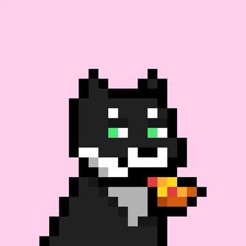 A pixel art black cat with green eyes and a white muzzle holds a piece of food against a solid pink background.