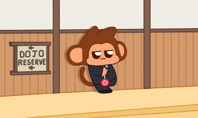 Cartoon illustration of a monkey character in a suit standing next to a 'DOJO RESERVE' sign in a wooden room.