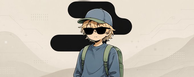 An anime-style illustration shows a blonde character wearing a blue cap, black sunglasses, a blue long-sleeve shirt, and a green backpack, set against a beige background with black abstract shapes.