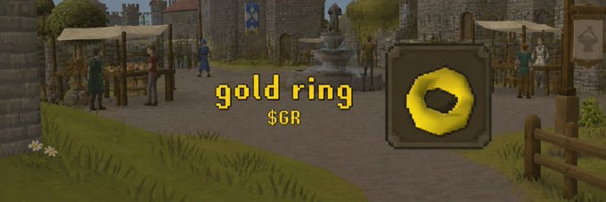 The image showcases a banner for the Solana token $GR, featuring a pixelated medieval marketplace scene with the text "gold ring" and "$GR" displayed alongside a yellow pixel art ring icon, fitting the "gold ring" token name and ticker.