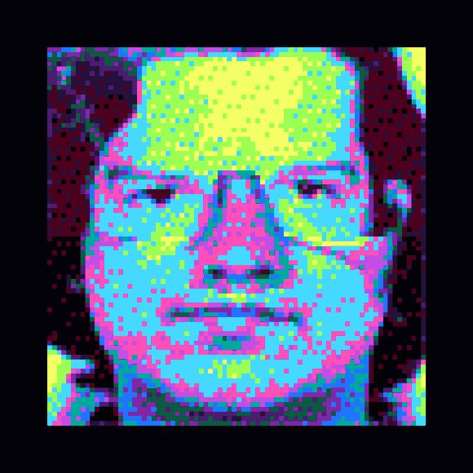 A heavily pixelated, colorful portrait of a smiling man's face in bright cyan, magenta, yellow, and green hues.