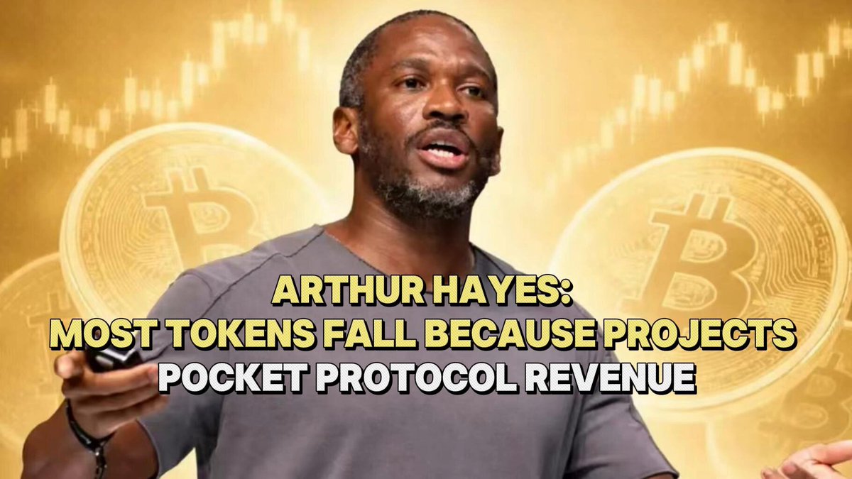 The image features a man wearing a gray shirt, standing against an orange background with three Bitcoins floating around him. The text "Arthur Hayes" is written above the man's head, while the phrase "Most Tokens Fall Because Projects Pocket Protocol Revenue On May 23, 2026, BitMEX co-founder Arthur Hayes @CryptoHayes stated on the What Bitcoin Did podcast that most crypto projects fail to return the economic value created at the protocol level to token". This text is related to the image and serves as a caption for the post.