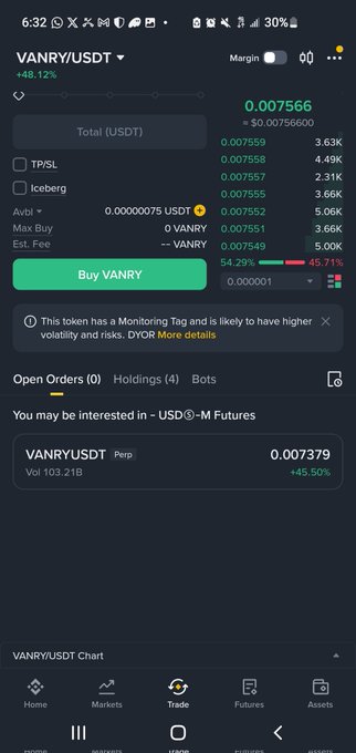 A cryptocurrency trading app screenshot showing the VANRY/USDT pair trading at 0.007566 with a +45.12% increase and a warning about monitoring tags.