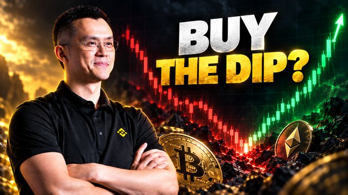 A man wearing glasses stands with crossed arms next to 'BUY THE DIP?' text, with Bitcoin and Ethereum coins and a rising chart in the background.