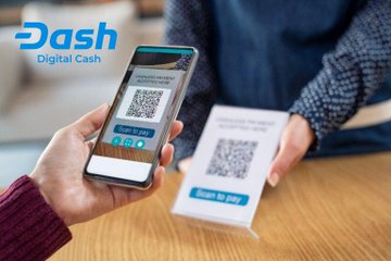 A person scans a QR code on a paper receipt with their smartphone using the Dash Digital Cash app to complete a mobile payment. The image ties to the post by showcasing a real-world use case of Dash cryptocurrency for everyday transactions, highlighting how Dashiers create content that promotes the cryptocurrency's practical payment capabilities.