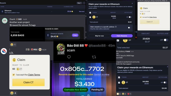 The image shows multiple "Claim Rewards" dialog boxes for cryptocurrency airdrops involving tokens like $CT, with claimable amounts ranging from $0.94 to $15.95 on Ethereum, alongside a suspicious post labeled "Bão Đội 88 scam" referencing the Solana contract address mentioned in the caption, illustrating the community's warning about fraudulent airdrop schemes.