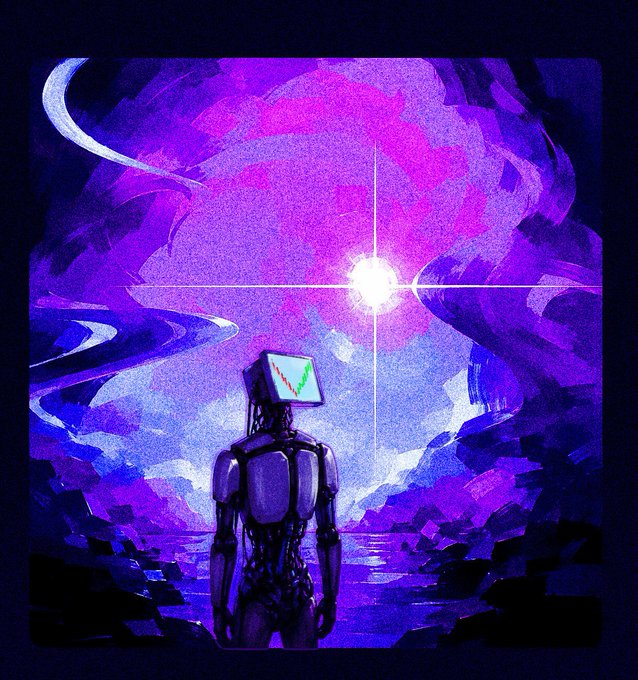A humanoid figure with a stock chart-displaying monitor head stands gazing at a glowing star, evoking the cosmic and exclusive nature of the 1/1 NFT drops mentioned in the post for the "MAVANOIDS" collection on OpenSea during 3333 szn.
