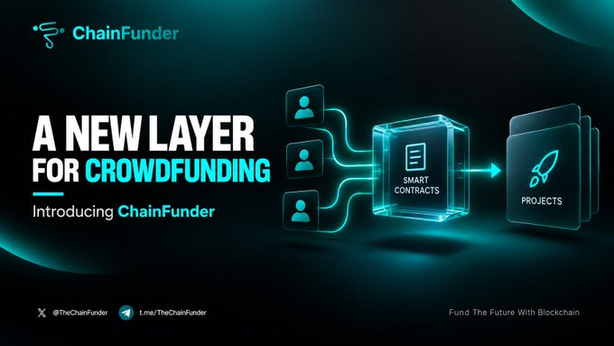 A promotional banner for ChainFunder reading 'A NEW LAYER FOR CROWDFUNDING - Introducing ChainFunder', showing users connected through smart contracts to projects, with the tagline 'Fund The Future With Blockchain'.