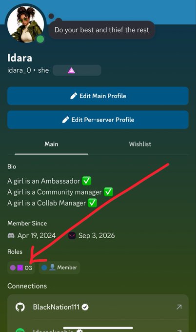 A Discord profile for "Idara" (idara_0) displays an "OG" role badge highlighted by a red arrow, directly supporting the post's claim about earning the OG role on the Kokomoji server, likely for the referenced artwork contribution.