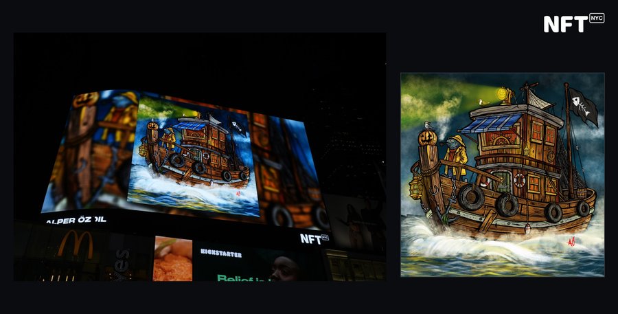 A promotional image for NFT NYC showing a digital artwork of a pirate ship sailing on stormy seas, displayed both as a billboard in Times Square (with visible McDonald's and Kickstarter ads) and as a standalone NFT piece.