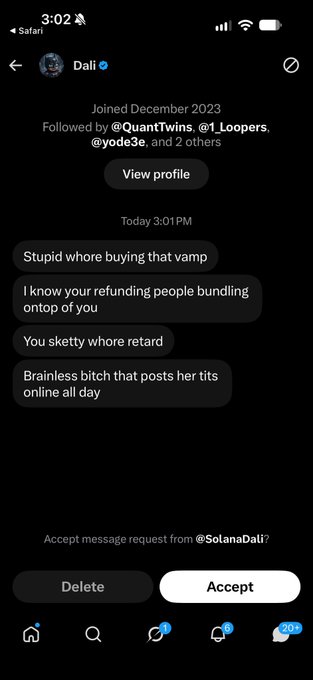 Instagram direct message screenshot from user 'Dali' containing offensive and abusive messages, with a prompt at the bottom asking to accept a message request from @SolanaDali.