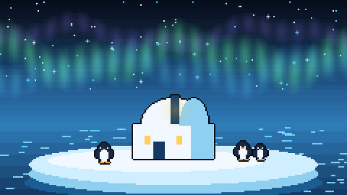 A pixelated igloo sits on an ice floe surrounded by three penguins beneath a shimmering aurora borealis, illustrating the "Aurora Observatory" community project referenced in the post. The cozy arctic scene visually reinforces the game's theme, tying the whimsical frosty setting to the celebration of completing the town's biggest initiative.