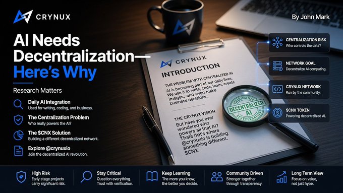 A promotional infographic for 'CRYNUX' titled 'AI Needs Decentralization - Here's Why,' outlining topics like centralization risk, network goals, and the $CNX token, credited to John Mark.