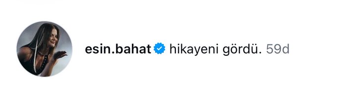 An Instagram story notification from verified user 'esin.bahat' with a blue checkmark, displaying the text 'hikayeni gördü.' and a timestamp of '59d' alongside her profile photo.