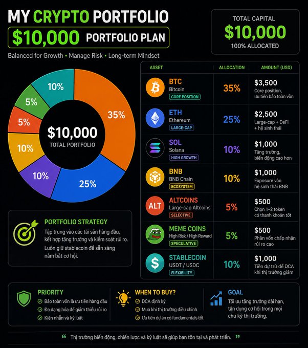 An infographic titled 'MY CRYPTO PORTFOLIO' showing a $10,000 portfolio plan distributed across BTC (35%), ETH (25%), SOL (10%), BNB (10%), ALTS (5%), MEME COINS (5%), and STABLECOIN (10%).