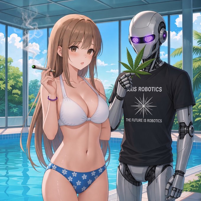 Anime-style illustration of a woman in a bikini holding a cigarette next to a humanoid robot wearing an "AXIS ROBOTICS - THE FUTURE IS ROBOTICS" t-shirt and holding a cannabis leaf by a pool.