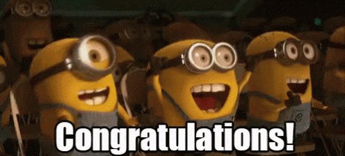 The image features three cartoon characters, each wearing a yellow outfit with sunglasses and goggles, standing next to each other. The text "Congratulations!" is written above them, indicating that they have achieved something noteworthy or accomplished a milestone. The background of the image is dark gray, which contrasts with the bright colors of the characters' outfits.