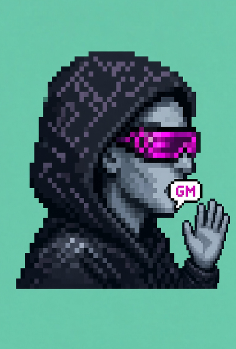 Pixel art of a figure with curly hair wearing glowing pink visor glasses and a speech bubble containing the text "GM."